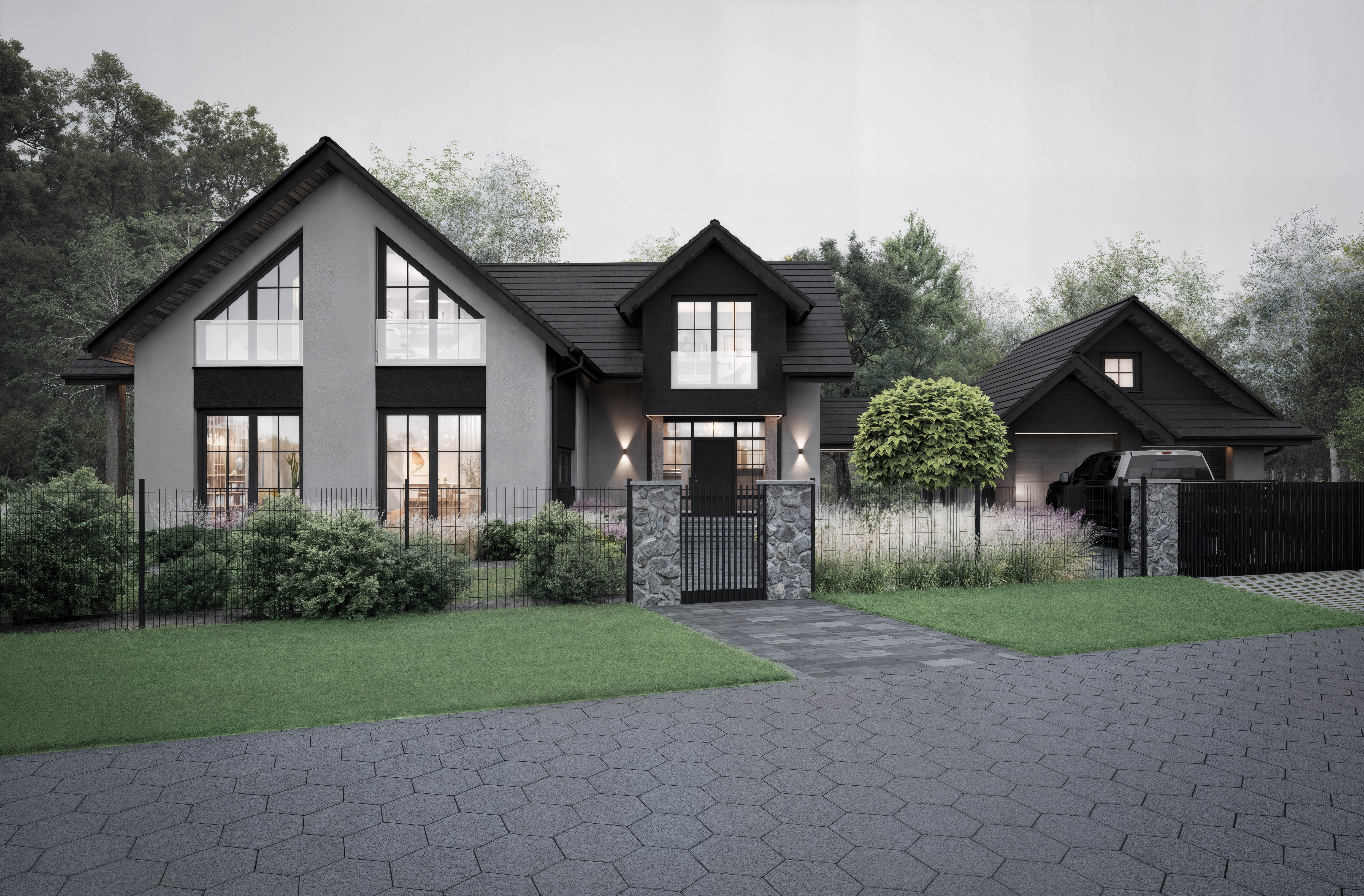 Dom w stylu Amerykańskim pod Lesznem — elewacja frontowa, brama | Potrzeba Projekty