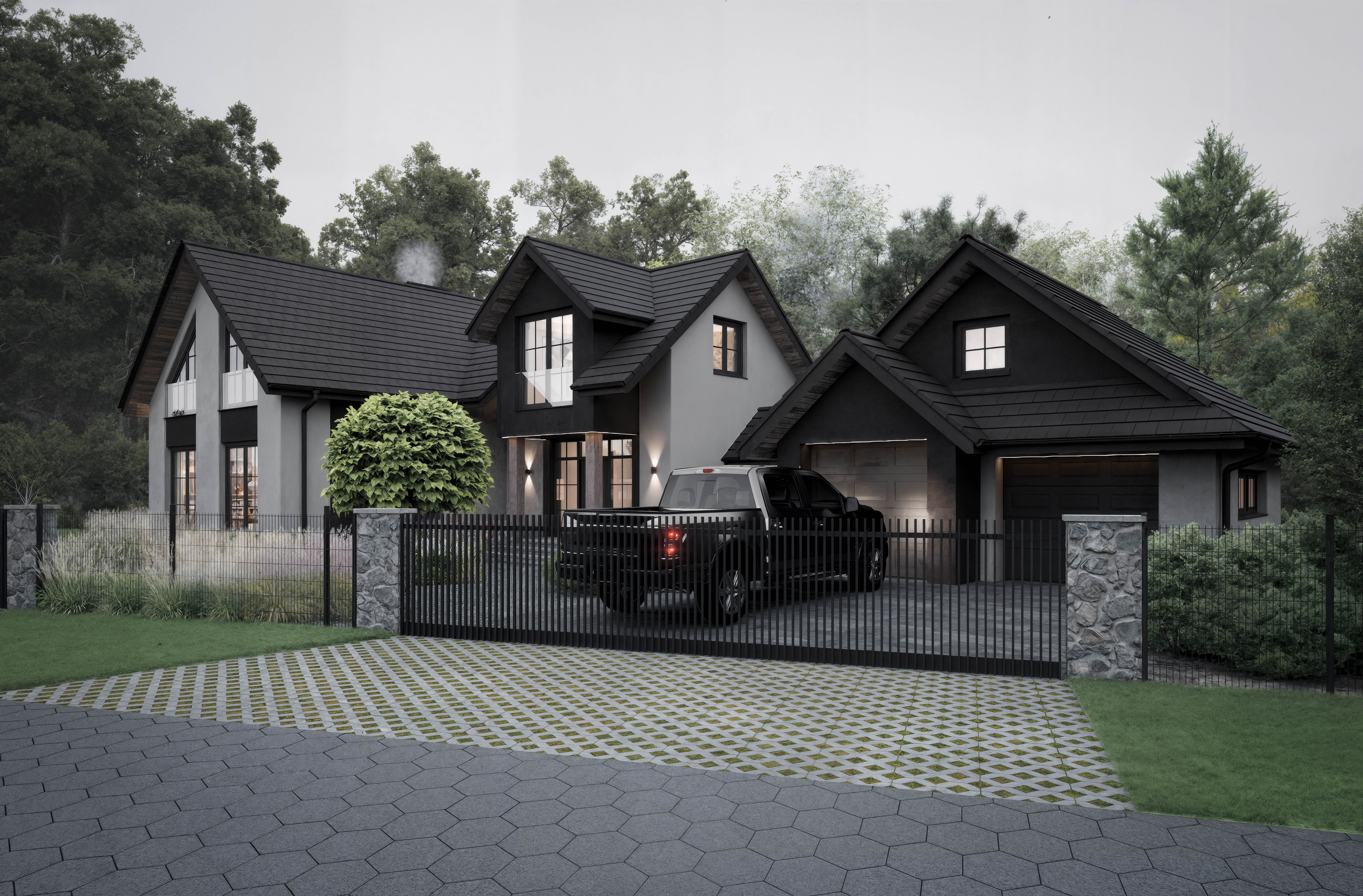 Dom w stylu Amerykańskim pod Lesznem — wieczorny widok, garaż | Potrzeba Projekty