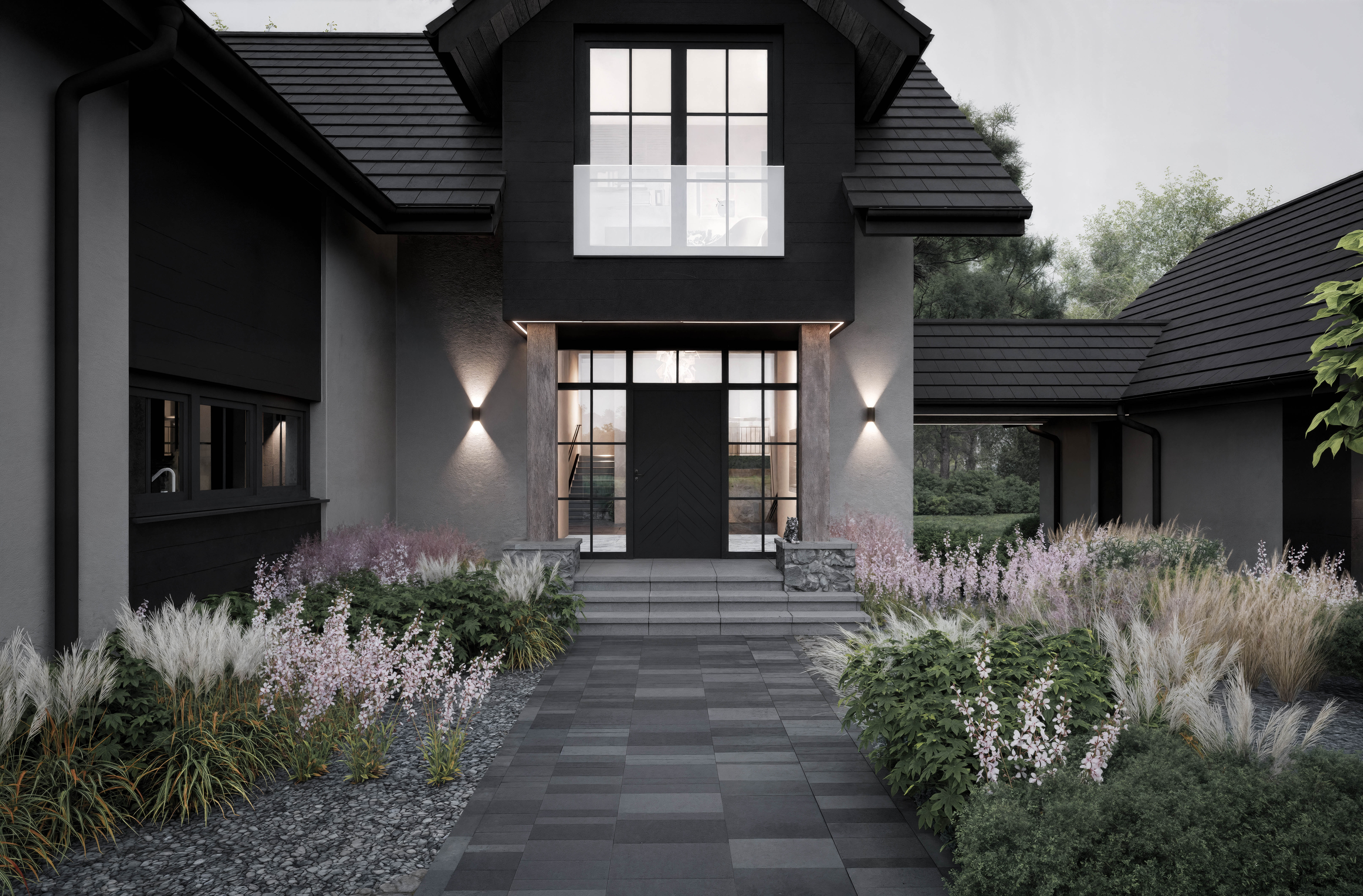 Dom w stylu Amerykańskim pod Lesznem — wejście główne, portal kamienny | Potrzeba Projekty