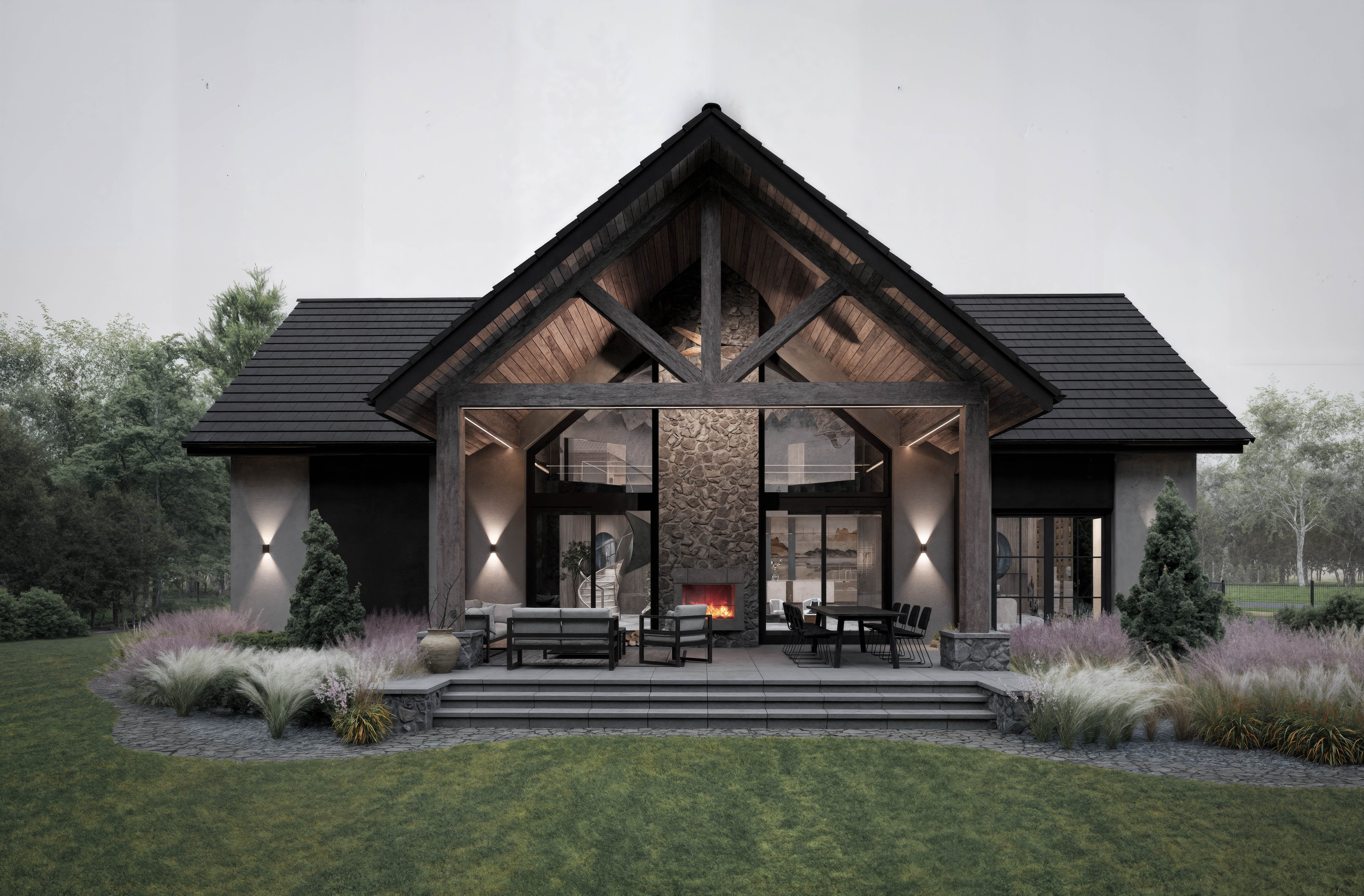 Dom w stylu Amerykańskim pod Lesznem — taras z kratownicą, kominek ogrodowy | Potrzeba Projekty