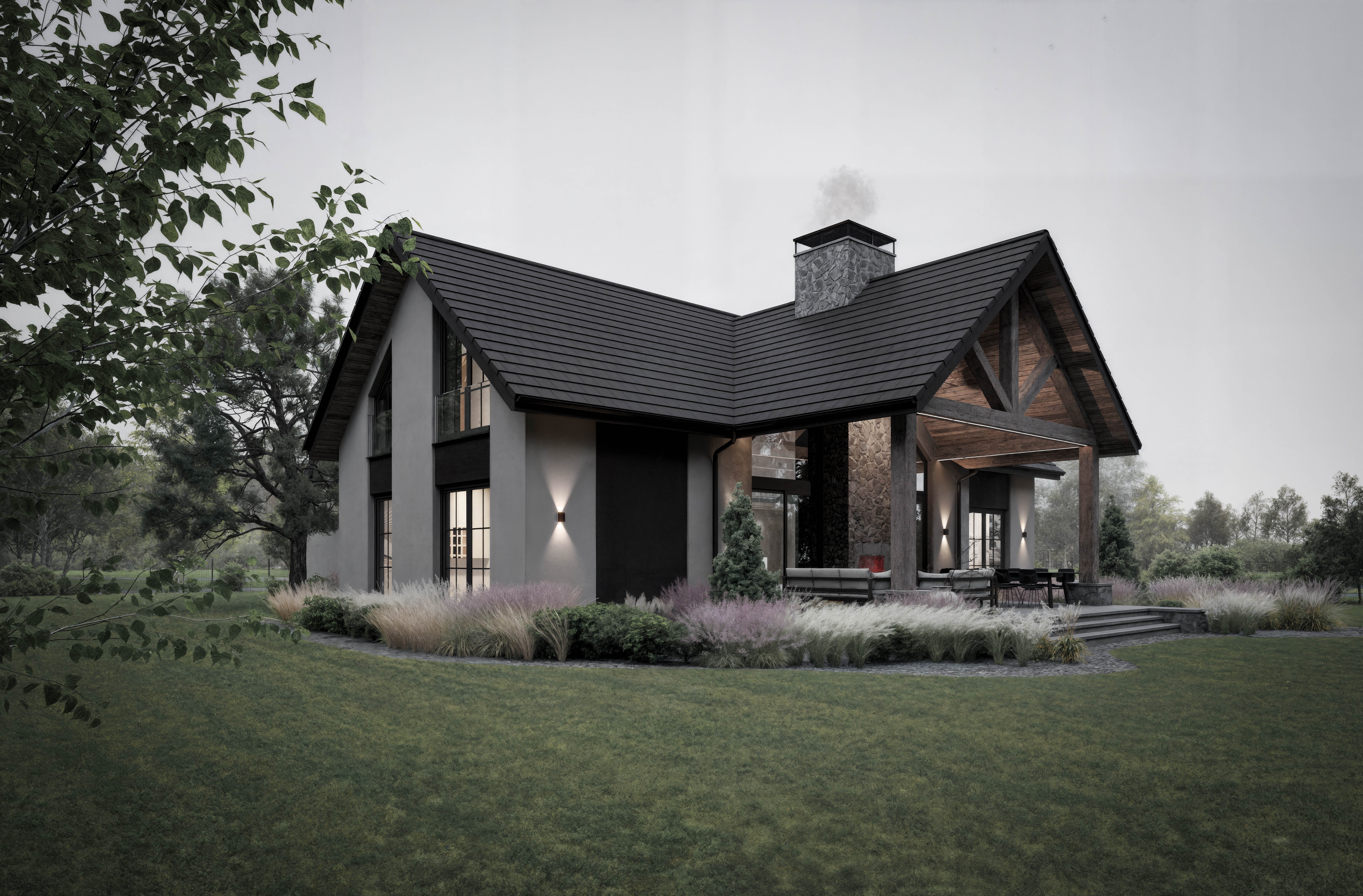 Dom w stylu Amerykańskim pod Lesznem — elewacja ogrodowa wieczorem | Potrzeba Projekty