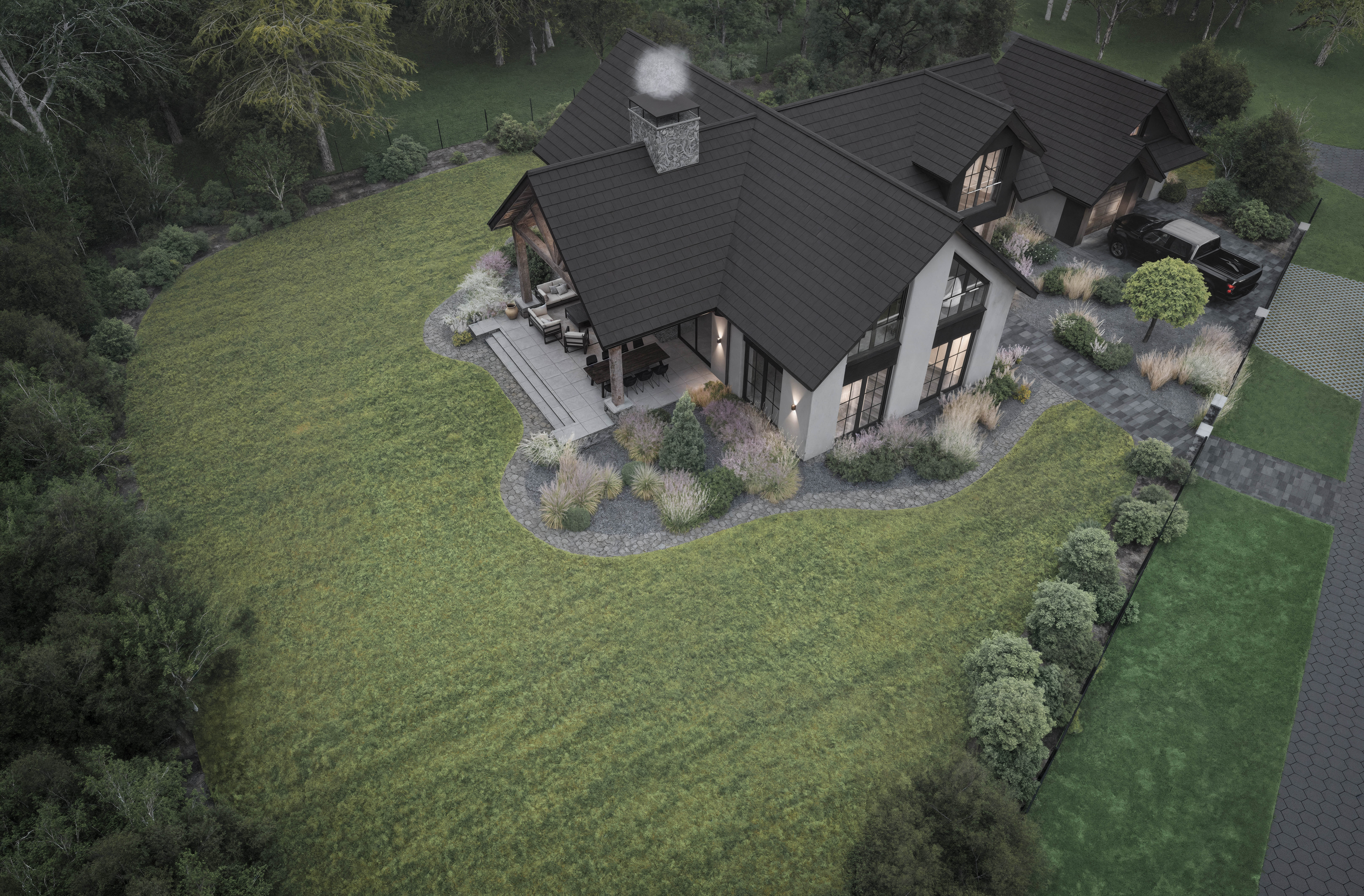 Dom w stylu Amerykańskim pod Lesznem — widok z lotu ptaka, ogród | Potrzeba Projekty