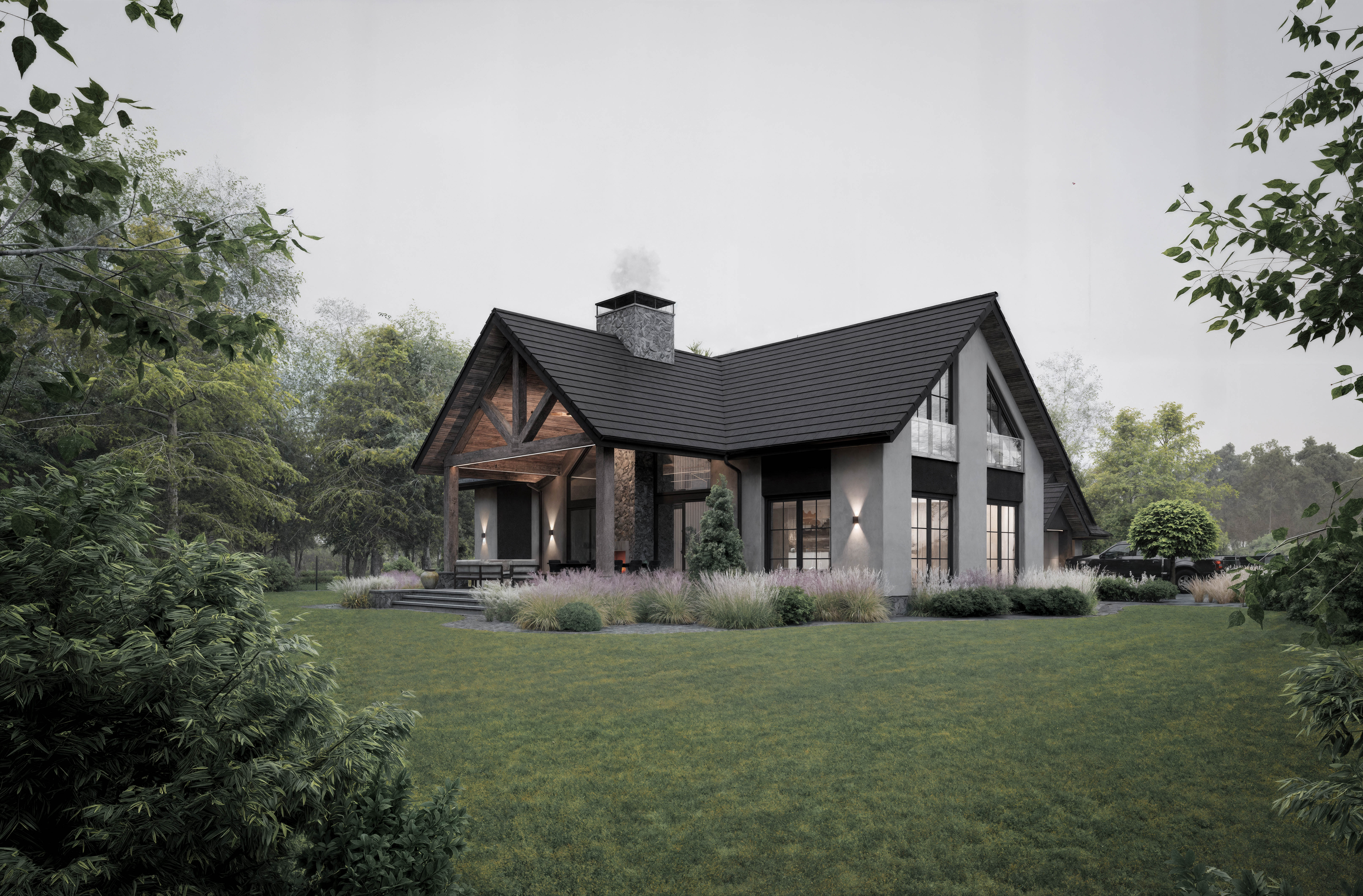 Dom w stylu Amerykańskim pod Lesznem — widok od ogrodu | Potrzeba Projekty