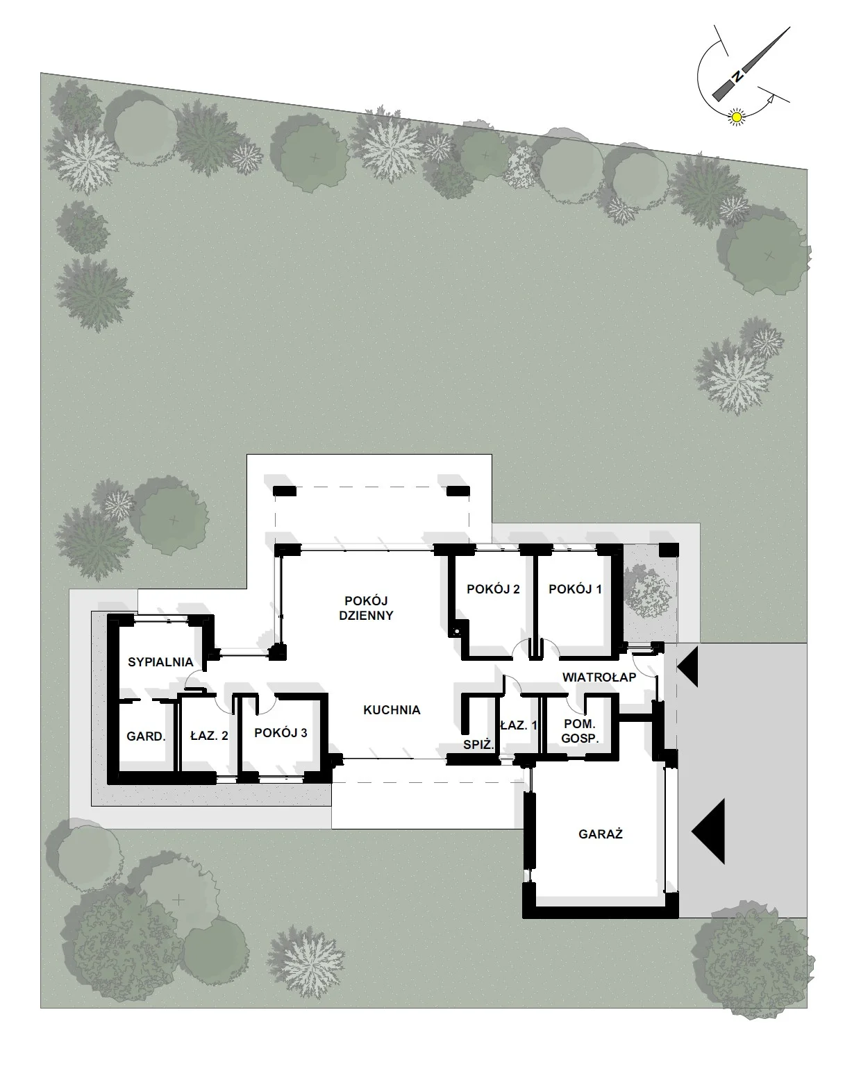 Parterowy dom przy lesie - rysunek