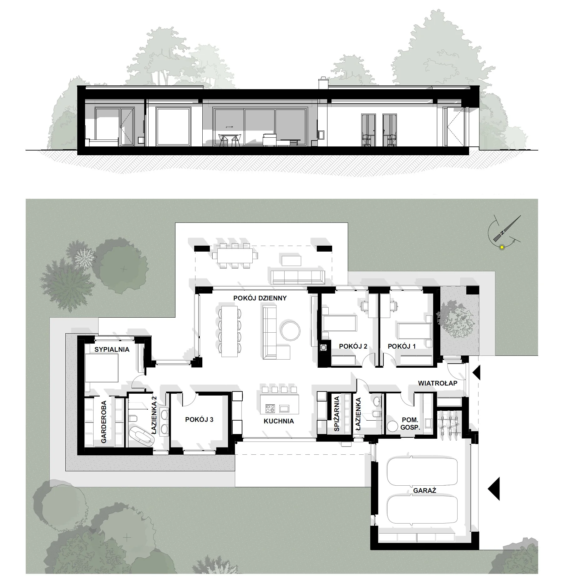 Parterowy dom przy lesie - rysunek