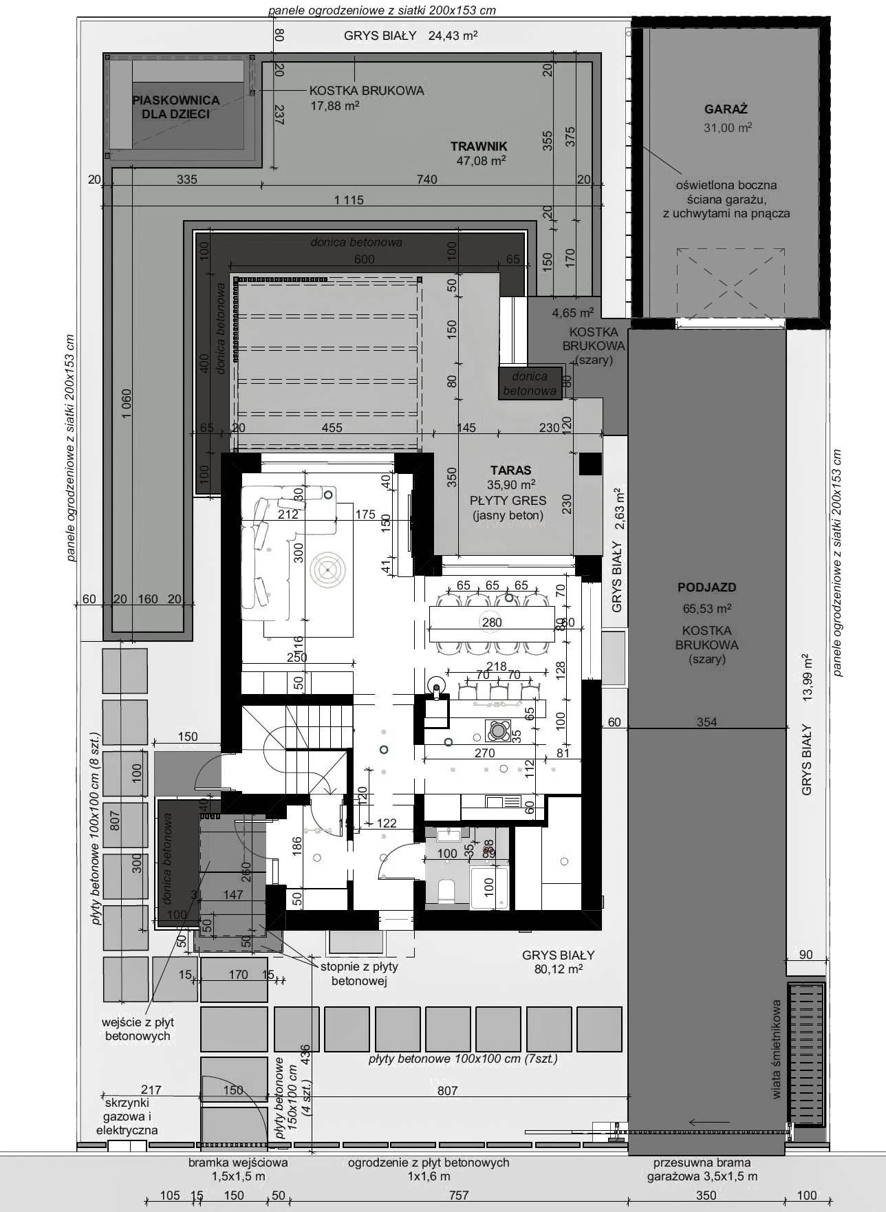 mały ogród i elewacja w nowoczesnym rytmie - rysunek