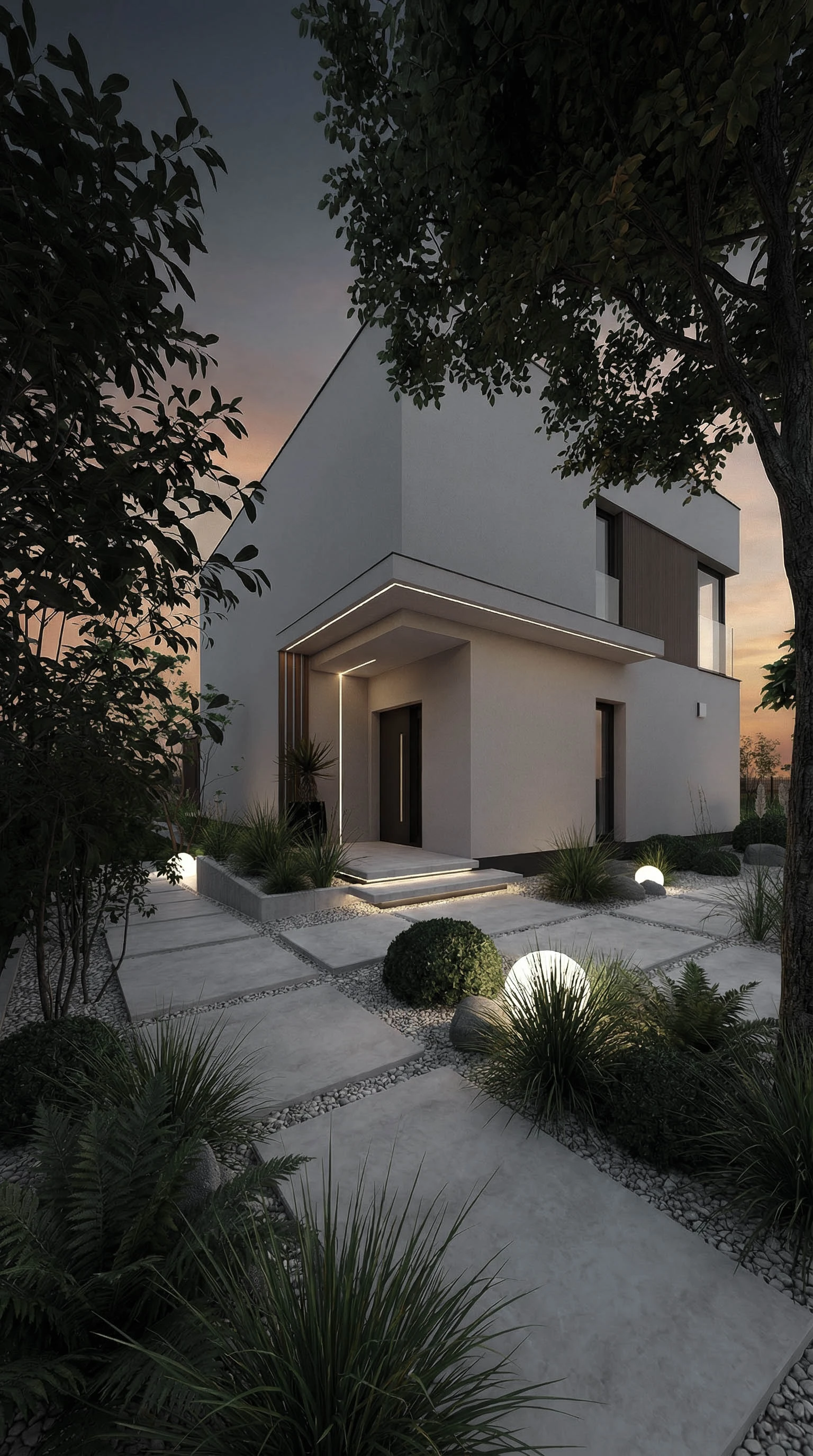 mały ogród i elewacja w nowoczesnym rytmie