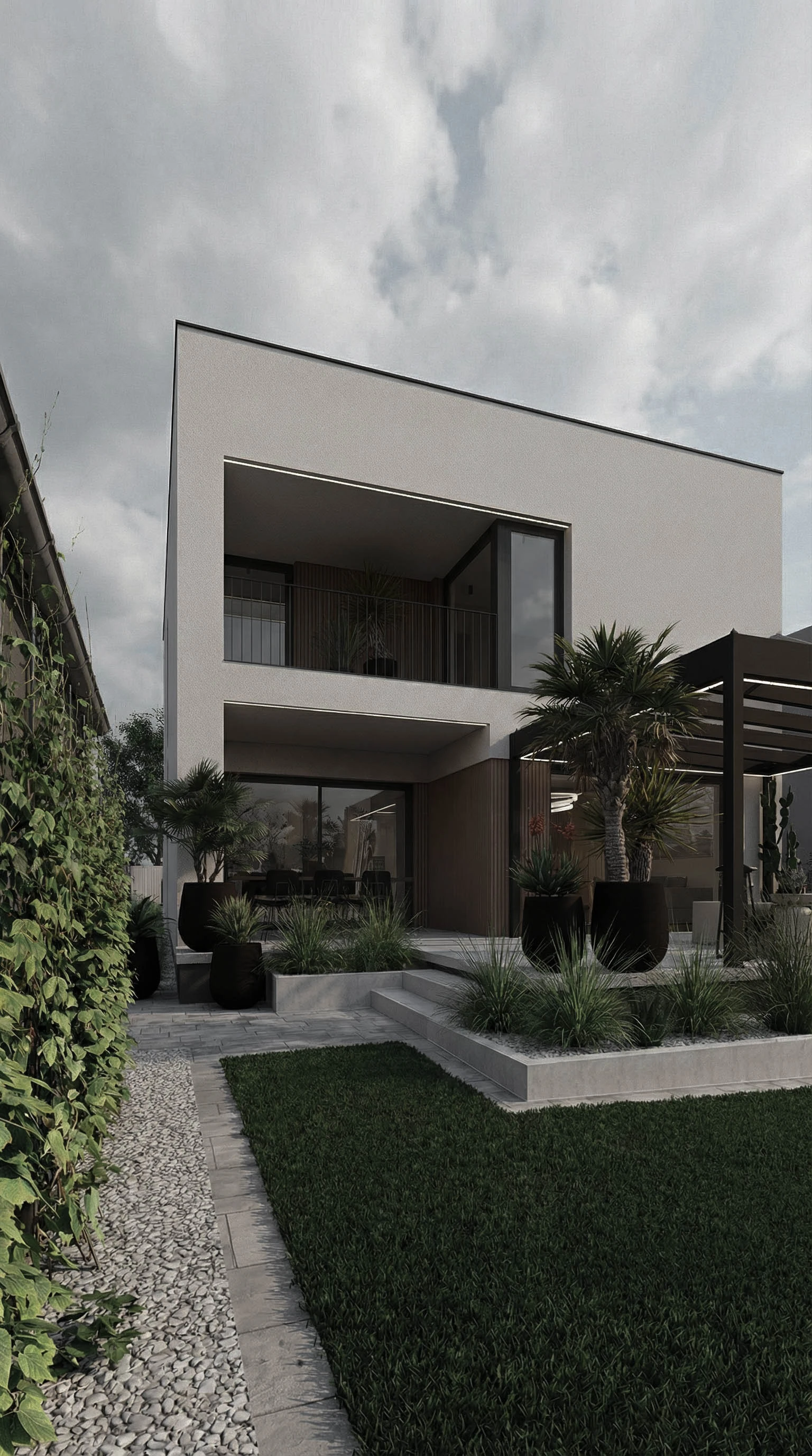 mały ogród i elewacja w nowoczesnym rytmie