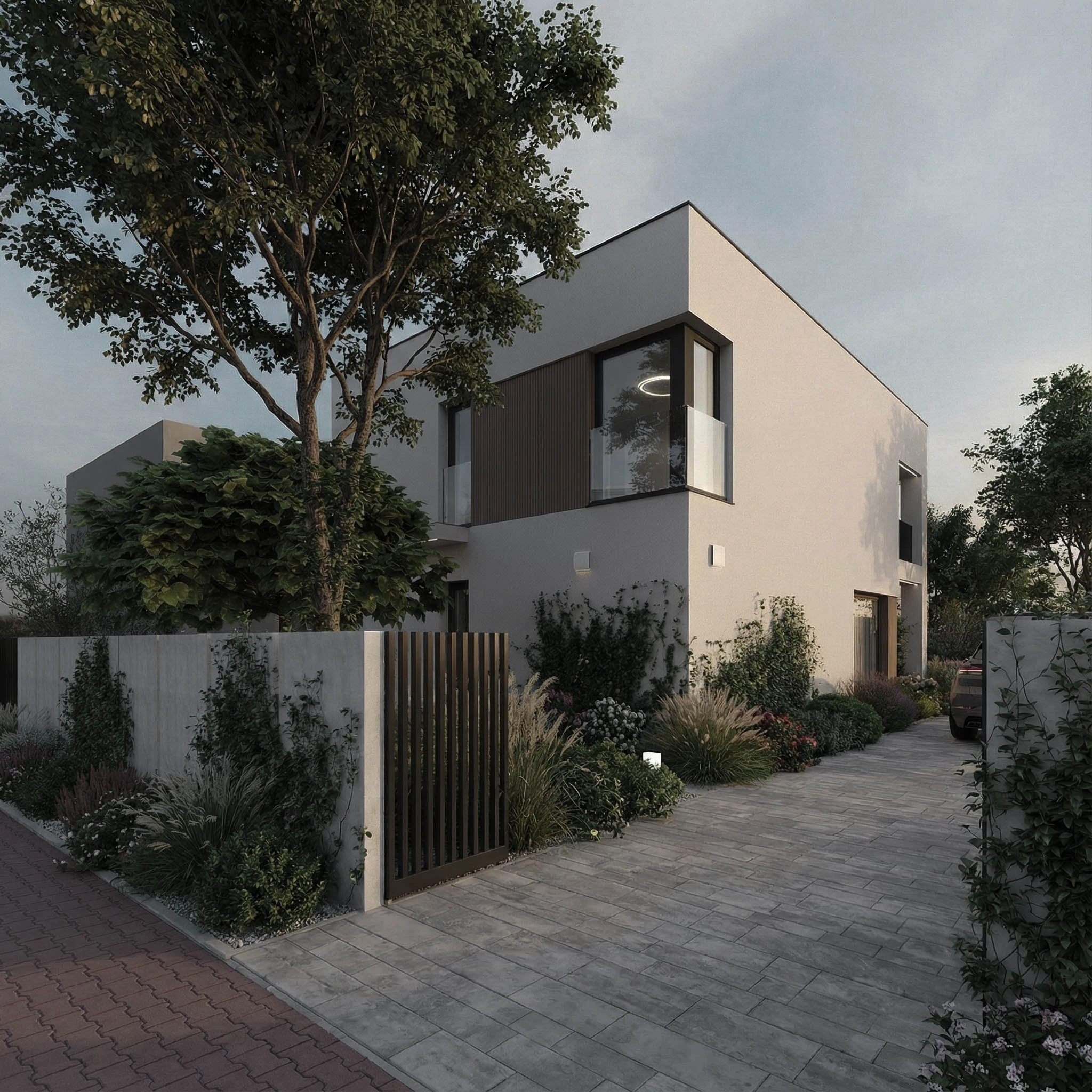 mały ogród i elewacja w nowoczesnym rytmie