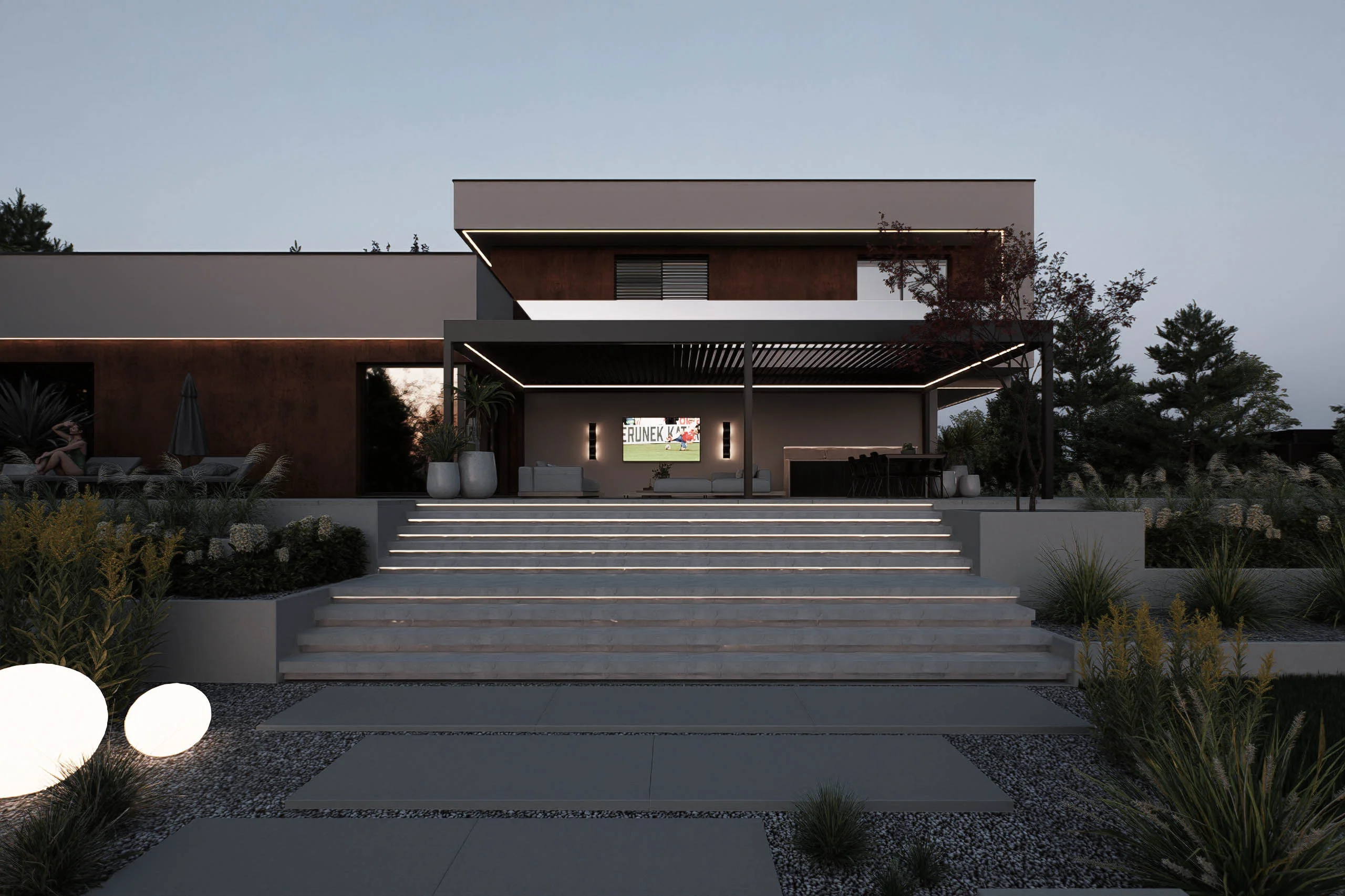 Duży ogród przy stawie