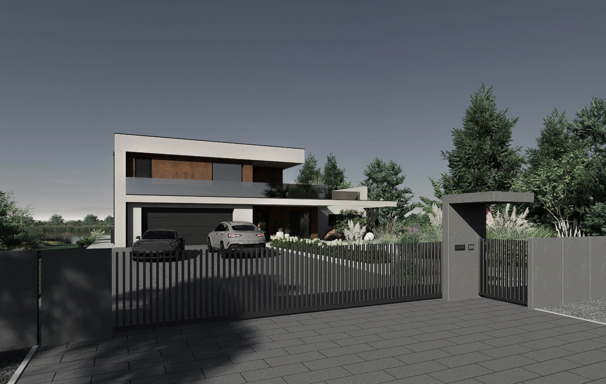 Duży ogród przy stawie