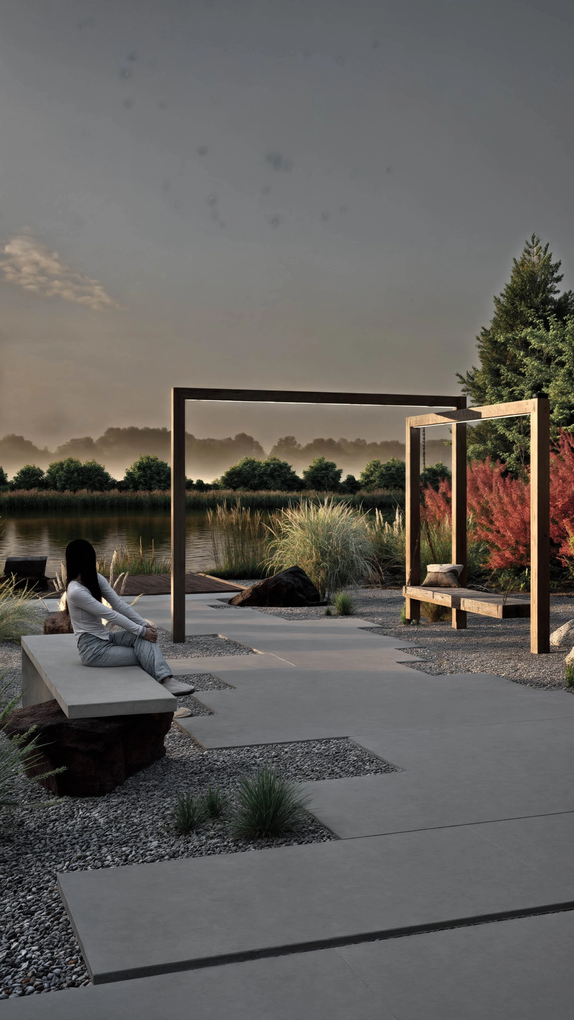 Duży ogród przy stawie