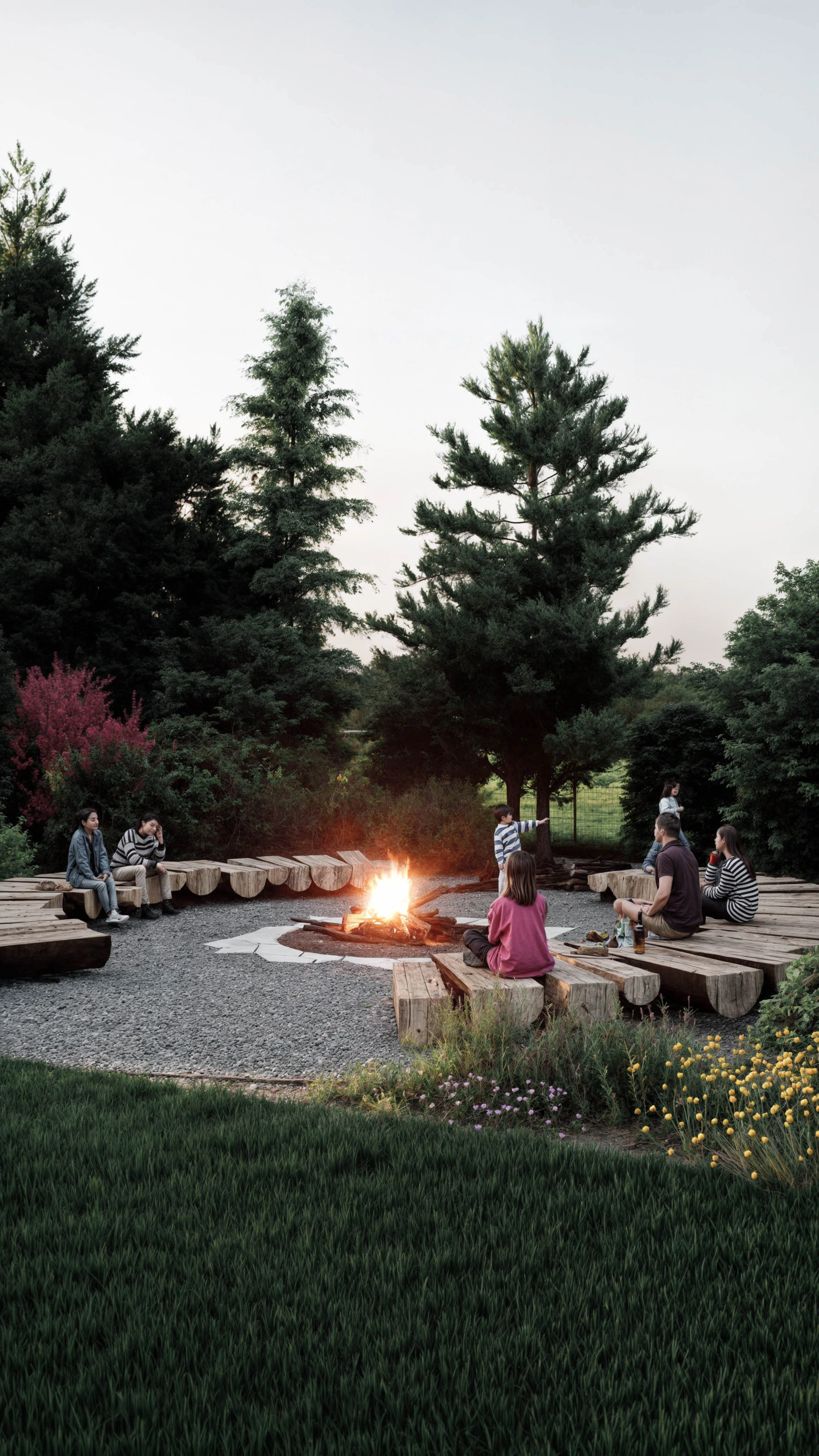 Duży ogród przy stawie