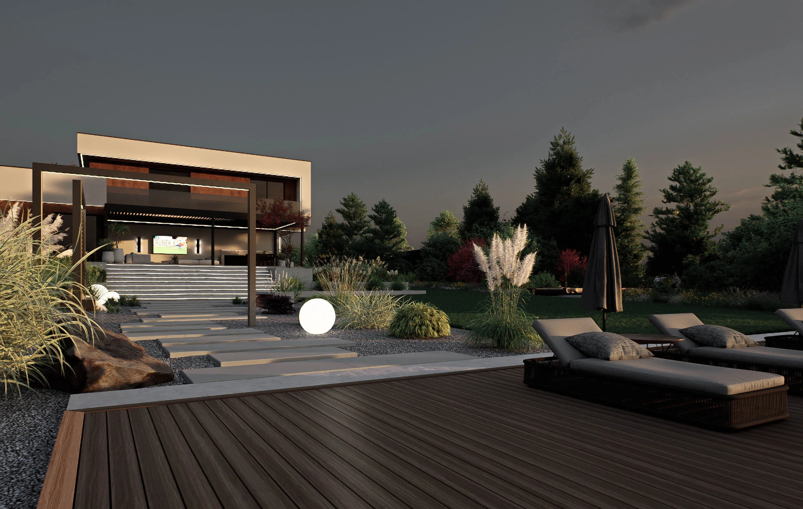 Duży ogród przy stawie