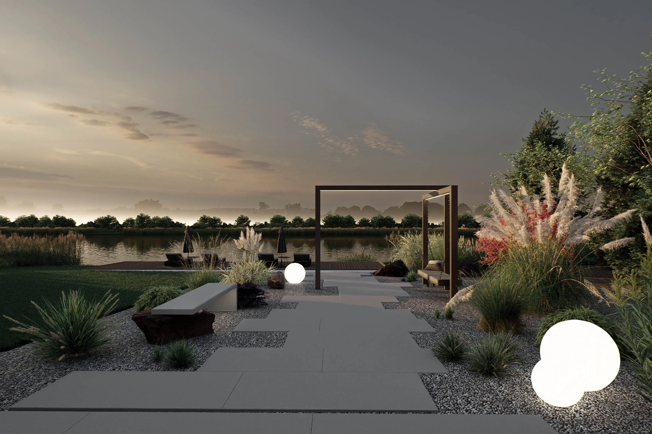 Duży ogród przy stawie