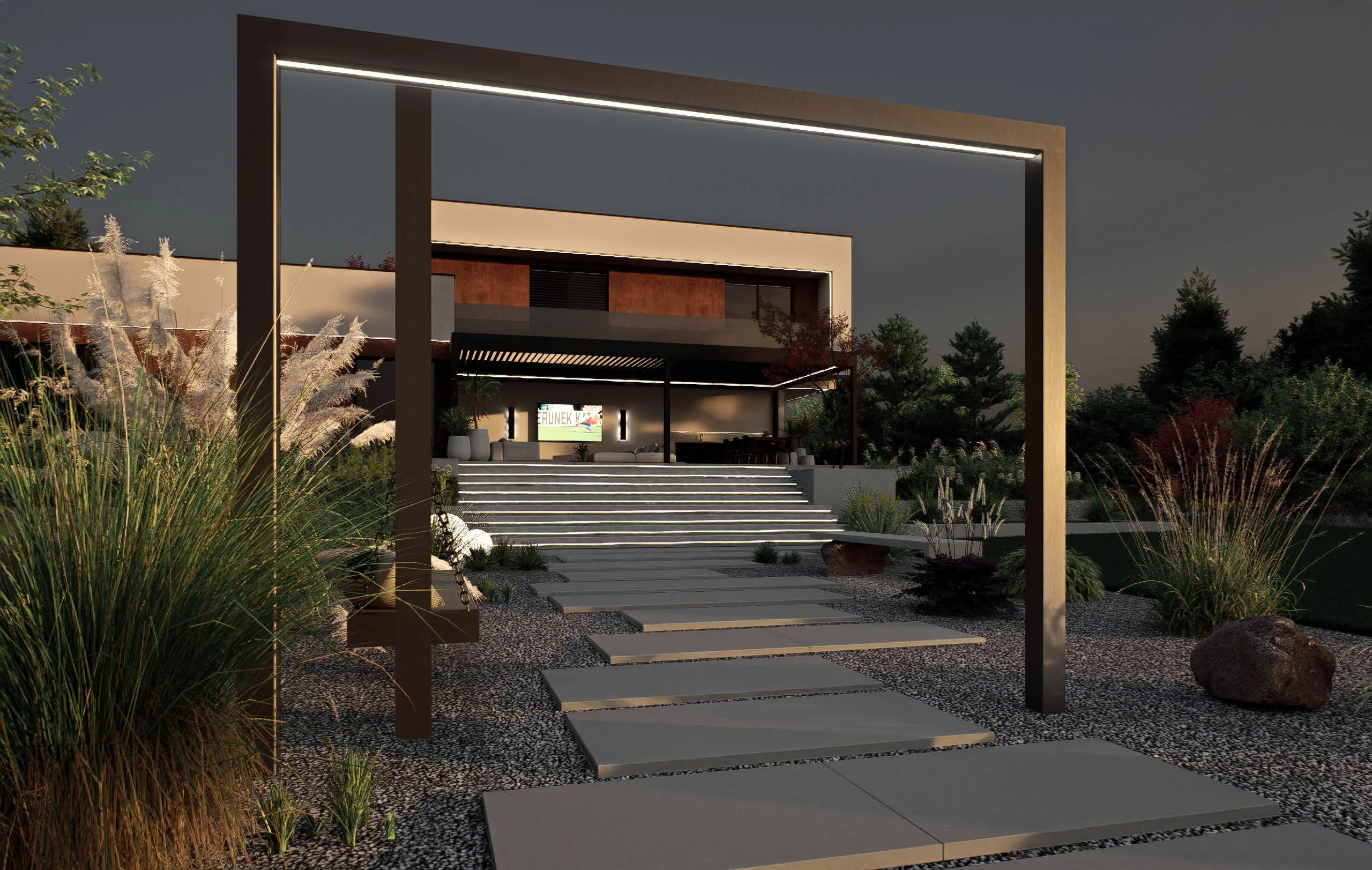 Duży ogród przy stawie