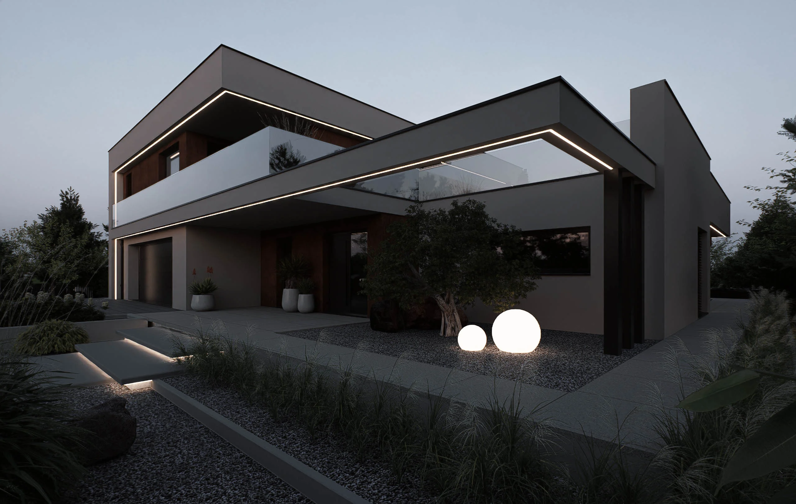 Duży ogród przy stawie